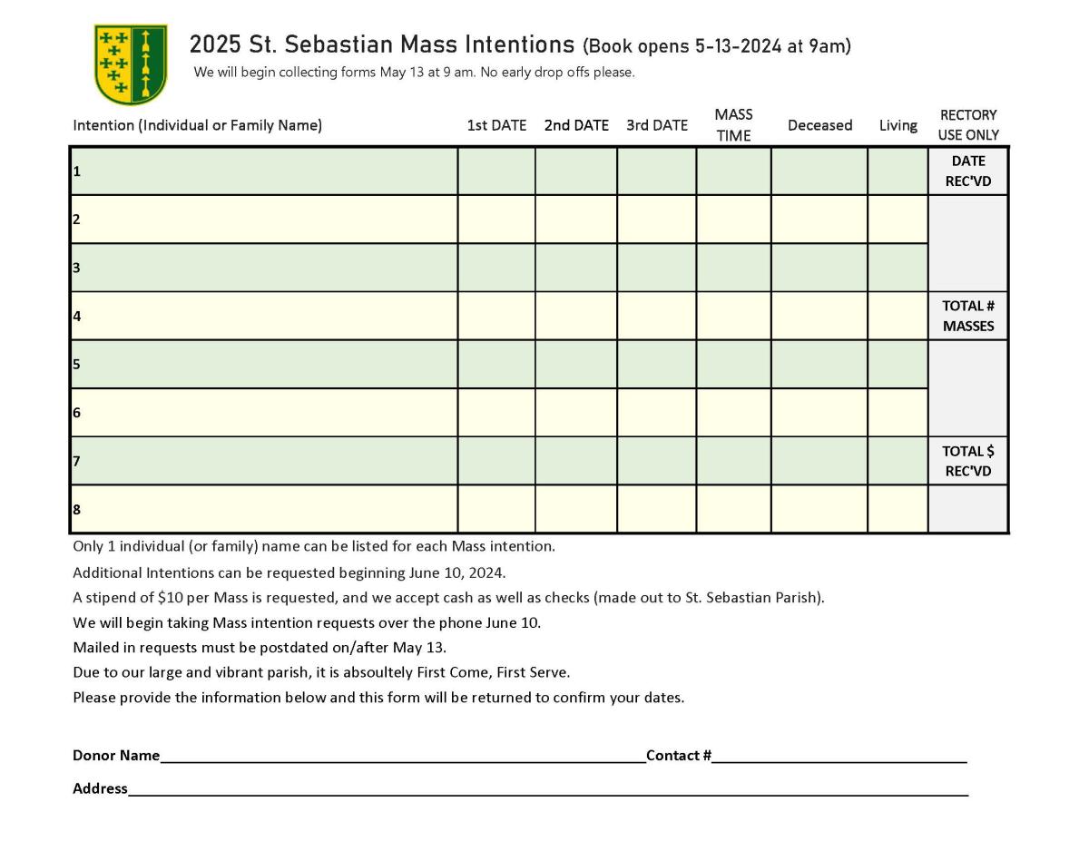 2025 Mass Intentions Saint Sebastian Parish